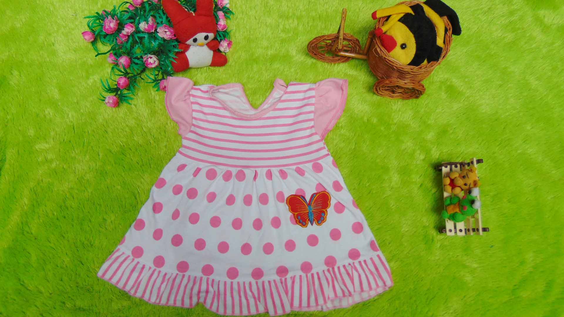 dress baju bayi perempuan cewek newborn 0-6bulan murah lembut pink salur polka kupu
