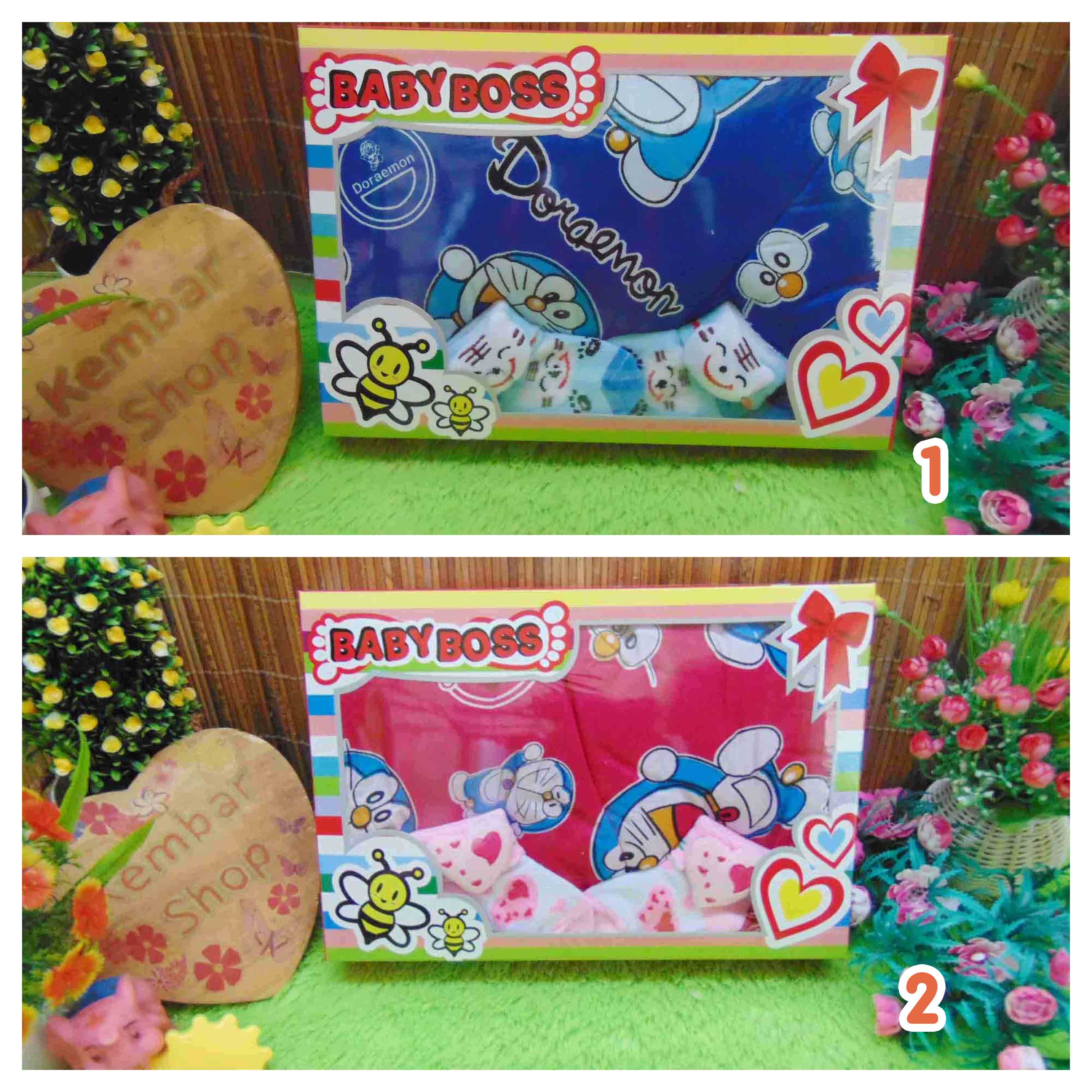 FREE KARTU UCAPAN Paket Kado Bayi Baru Lahir Gendongan Doraemon plus Kaos Kaki Boneka (2)