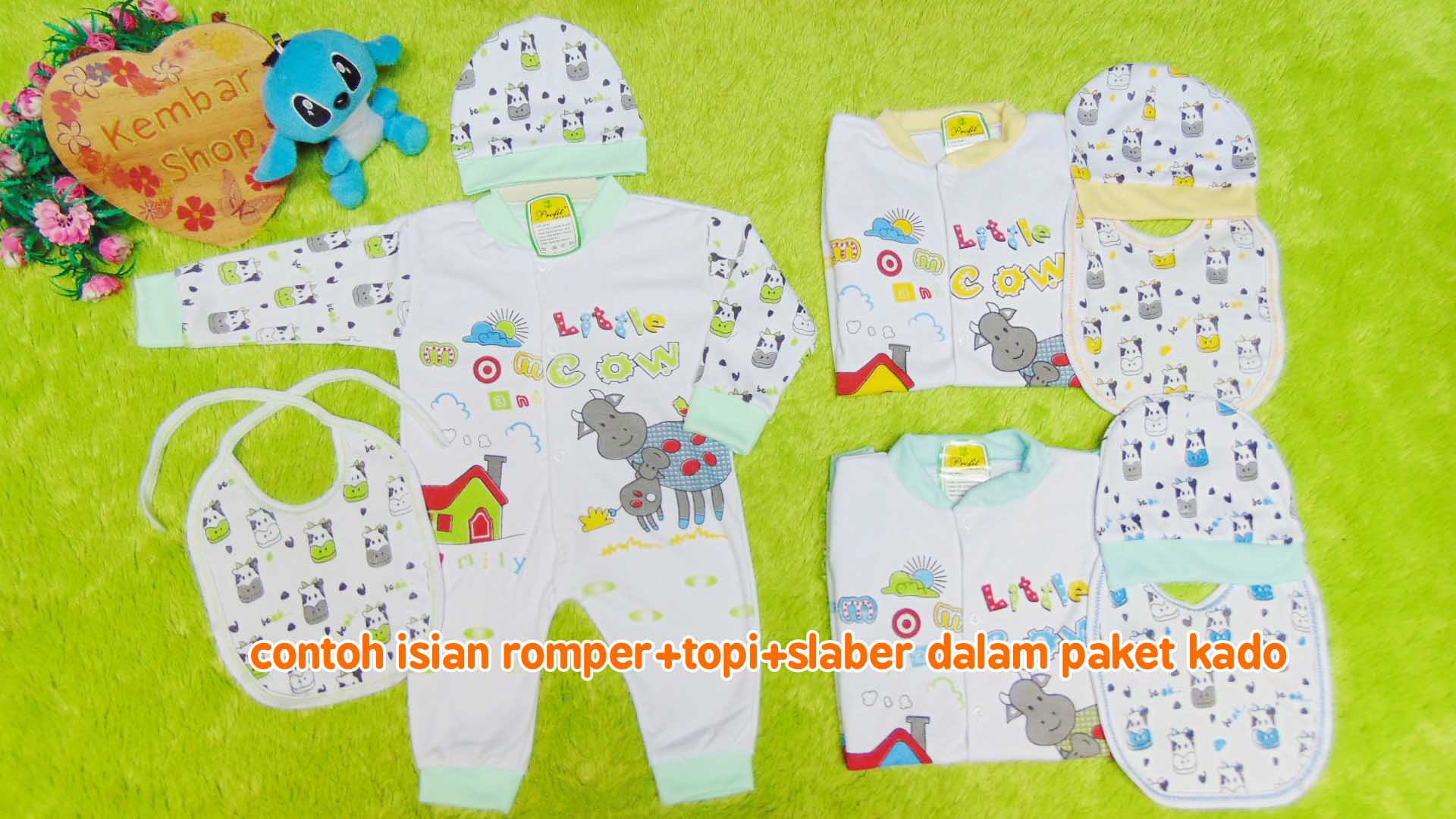 kado-bayi-set-romper-bayi-newborn-0-9bulan-plus-topi-dan-slaber-bayi-motif-mom-and-little-cow-Aneka-Warna1 copy