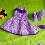 baju pesta bayi set dress bayi,sepatu boots prewalker,bandana cantik bunga ungu
