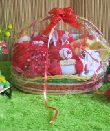 paket kado bayi keranjang Merah tangkai-02 65 terdiri dari 2 celana pendek,set jaket rajut, sabun, bedak, washlap,popok, boneka imut